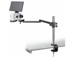 Video microscope on arm with clamp
