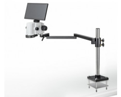 Video microscope on arm with plate
