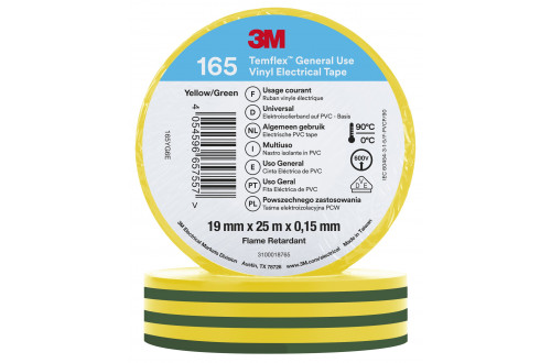 3M - 3M TEMFLEX VINYL ISOLATIETAPE 165, GROEN/GEEL, 19mm x 25m