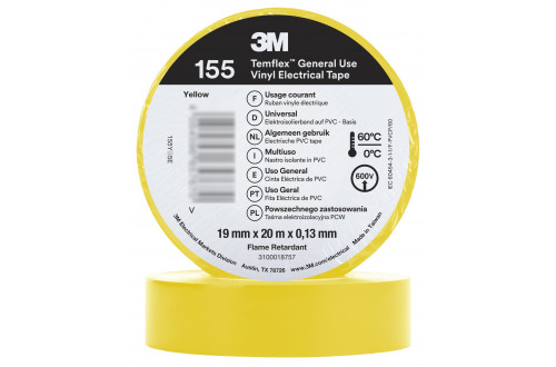 3M - RUBAN ELECTRIQUE VINYLE 3M TEMFLEX 155, JAUNE, 19mm x 20m