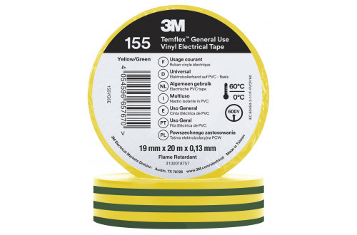 3M - RUBAN ELECTRIQUE VINYLE 3M TEMFLEX 155, JAUNE/VERT, 19mm x 20m