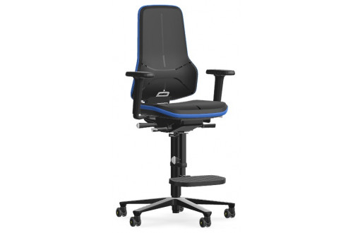 BIMOS - ESD CHAIR NEON 3 wheels+footrest PC, sh 590-870mm,PUR black,flexband blue,alu base black,4D armrests black,assembled