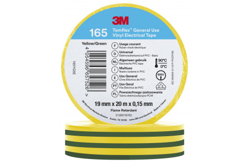 3M - 3M TEMFLEX VINYL ISOLATIETAPE 165, GROEN/GEEL, 19mm x 20m