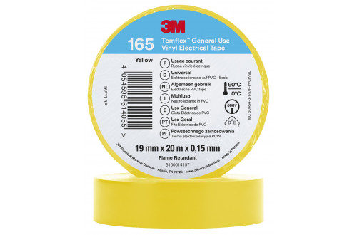 3M - RUBAN ELECTRIQUE VINYLE 3M TEMFLEX 165, JAUNE, 19mm x 20m