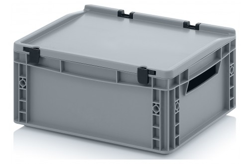  - EURO CONTAINERS WITH HINGE LID, OPEN HANDLES, GREY 40x30x18,5cm