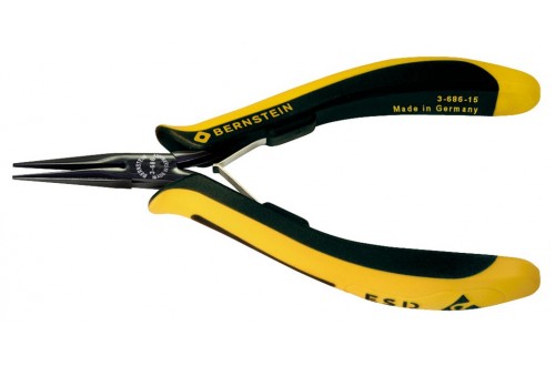 BERNSTEIN - SNIPE NOSE PLIERS EUROLINE, 140MM, LONG SERRATED JAWS, DISSIPATIVE BICOLOURED HAND GUARD