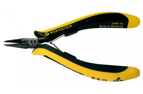 BERNSTEIN - SNIPE NOSE PLIERS EUROLINE, 130MM, SHORT PLAIN JAWS, ULTRA SLIM POINTED, DISSIPATIVE BICOLOURED HAND GUARD