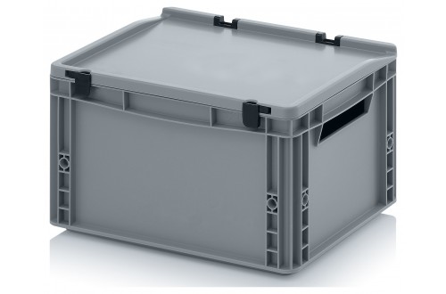  - EURO CONTAINERS WITH HINGE LID, OPEN HANDLES, GREY 40x30x23,5cm