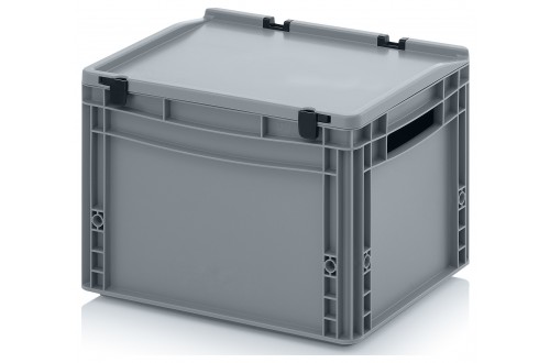  - EURO CONTAINERS WITH HINGE LID, OPEN HANDLES, GREY 40x30x28,5cm