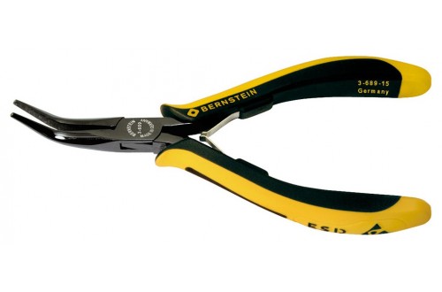 BERNSTEIN - SNIPE NOSE PLIERS EUROLINE, 140MM, LONG PLAIN JAWS, ANGULAR, DISSIPATIVE BICOLOURED HAND GUARD