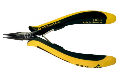 BERNSTEIN - SNIPE NOSE PLIERS EUROLINE, 130MM, SHORT PLAIN JAWS, DISSIPATIVE BICOLOURED HAND GUARD